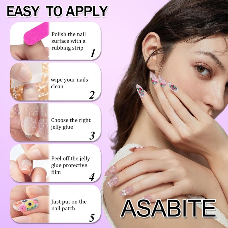 ASABITE 24 Pcs Almond Press on Nails Long Fake Nails with 3D Flower Bow French Tip False Nails with Cute Pearl Design Stiletto Nail Tips Glossy Glue on Nails Reusable Full Cover Stick on Nails for Women - Image 5